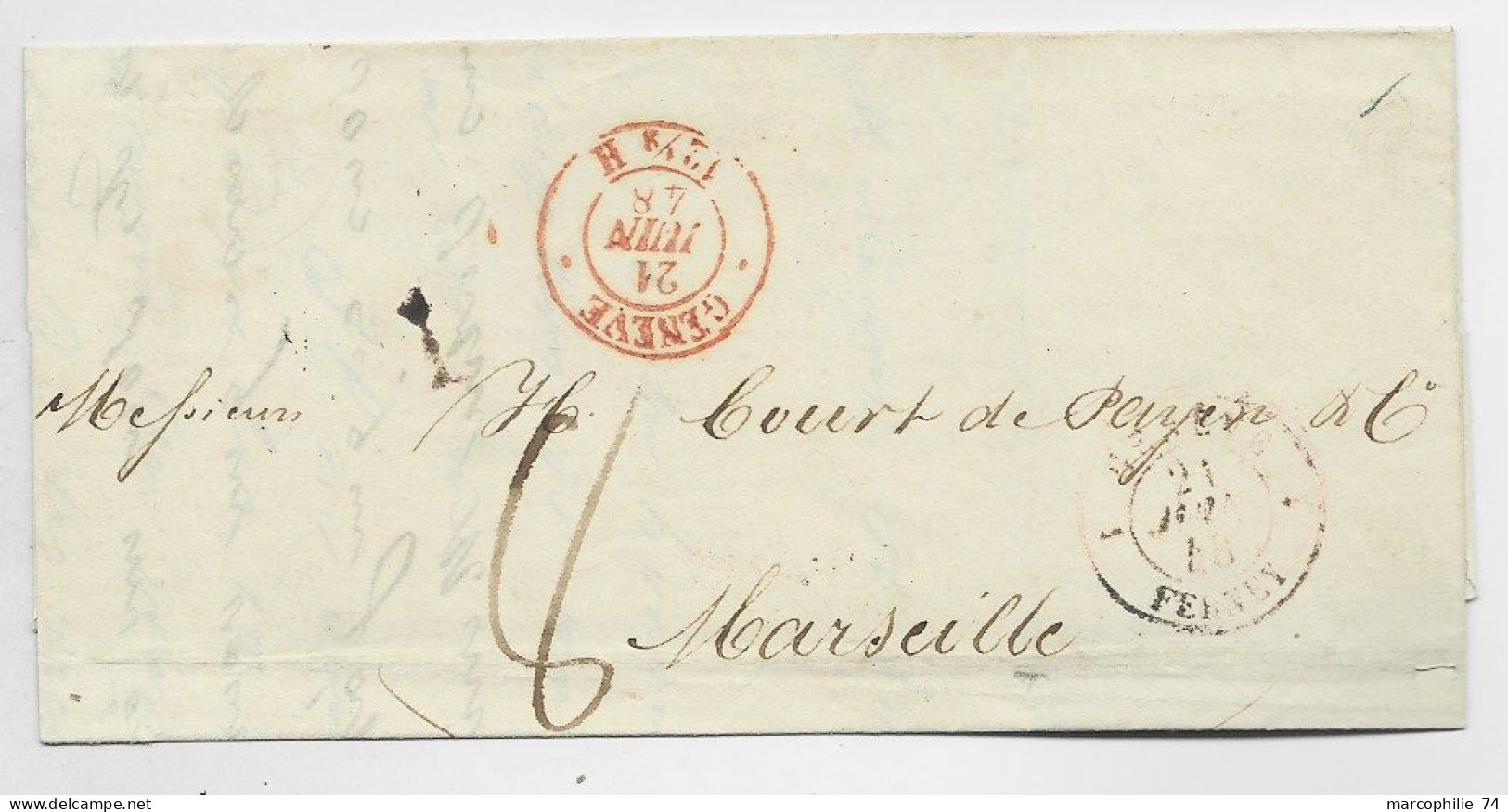 HELVETIA SUISSE LETTRE COVER CACHET ROUGE GENEVE 21 JUIN 1848 12 1/2 H TO MARSEILLE - 1843-1852 Federale & Kantonnale Postzegels