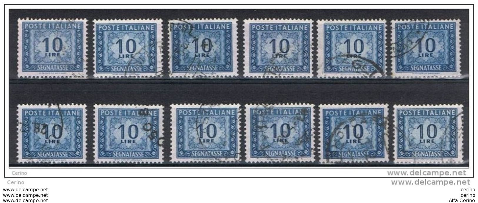 REPUBBLICA:  1955/81  TASSE  ST. -  £. 10  AZZURRO  US. -  RIPETUTO  12  VOLTE  -  SASS. 113 - Segnatasse