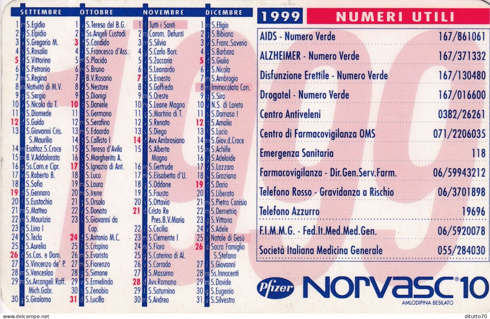 Calendarietto - PFIZER - Norvasc 10 - Anno 1999 - Formato Piccolo : 1991-00