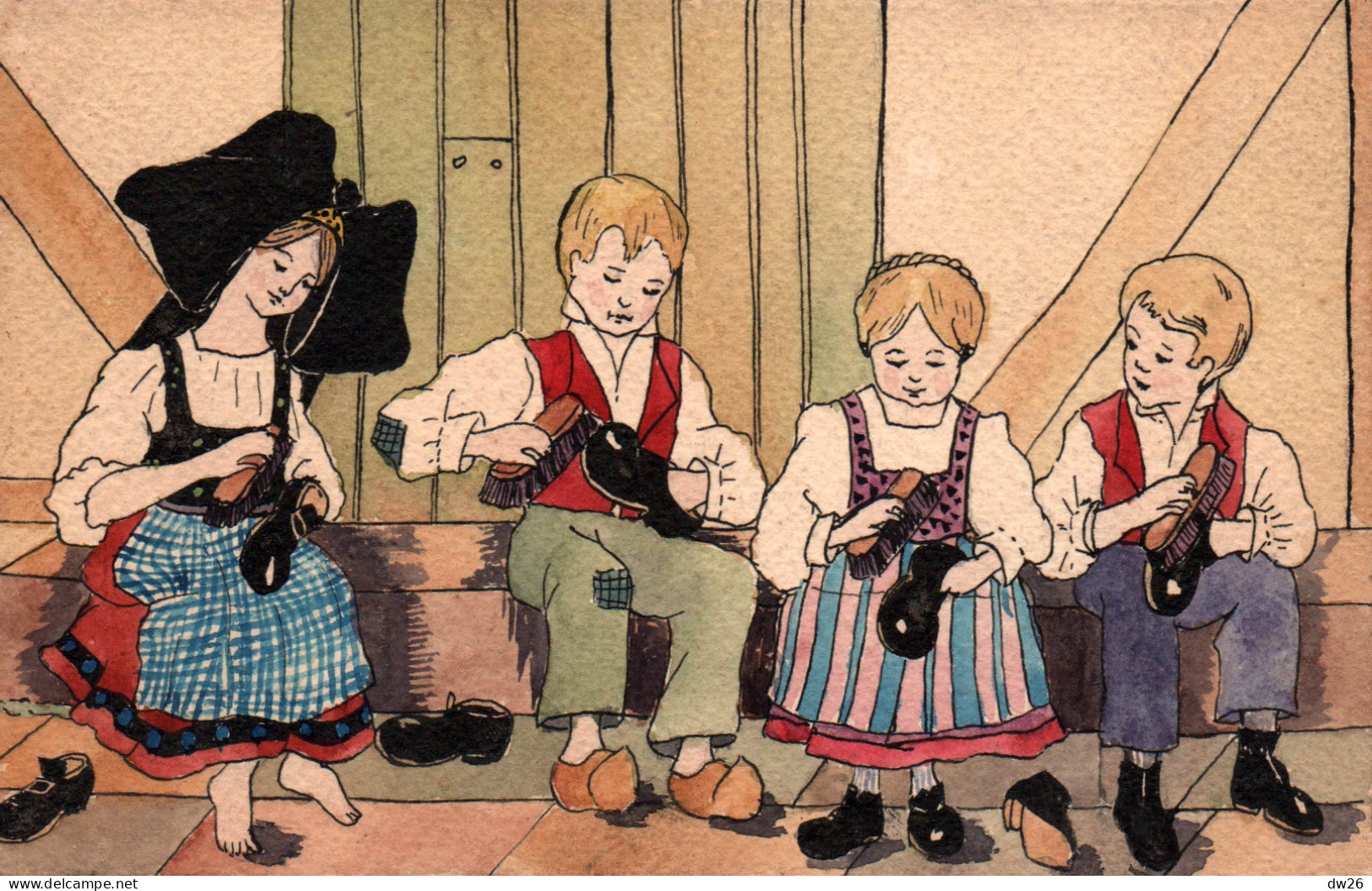 Illustration Non Signée (A La Manière D'Hansi) Enfants Alsaciens: Le Cirage Des Chaussures Le Samedi, Carte Non Circulée - 1900-1949