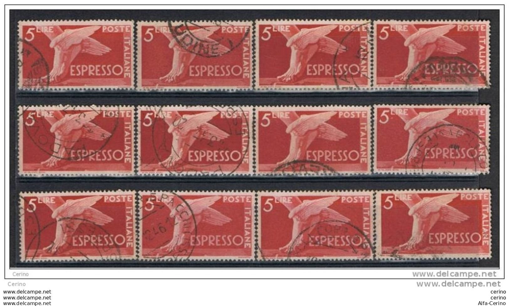 REPUBBLICA:  1945/52  EX. DEMOCRATICA  R. -  £. 5  ROSSO  BRUNO  US. -  RIPETUTO  12  VOLTE  -  SASS. 25 - Express-post/pneumatisch