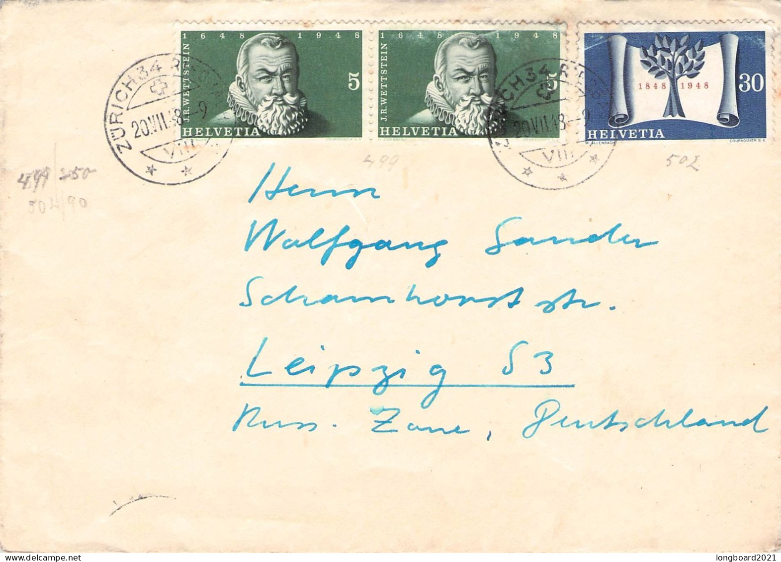 SCHWEIZ - BRIEF 1948 ZÜRICH - LEIPZIG / 6313 - Storia Postale