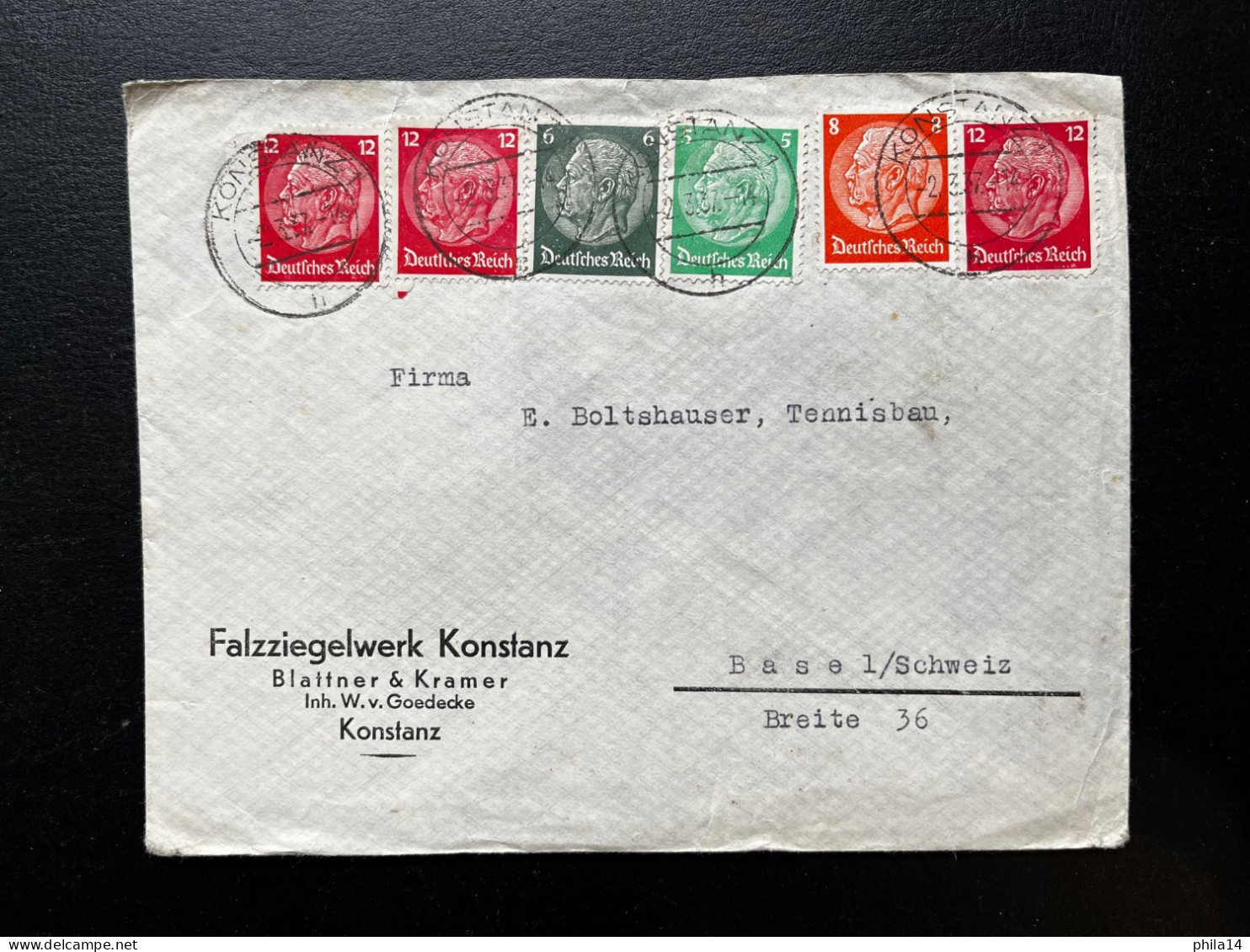 ENVELOPPE ALLEMAGNE / KONSTANZ 1937 POUR BASEL SUISSE / FALZZIEGELWERK - Covers & Documents