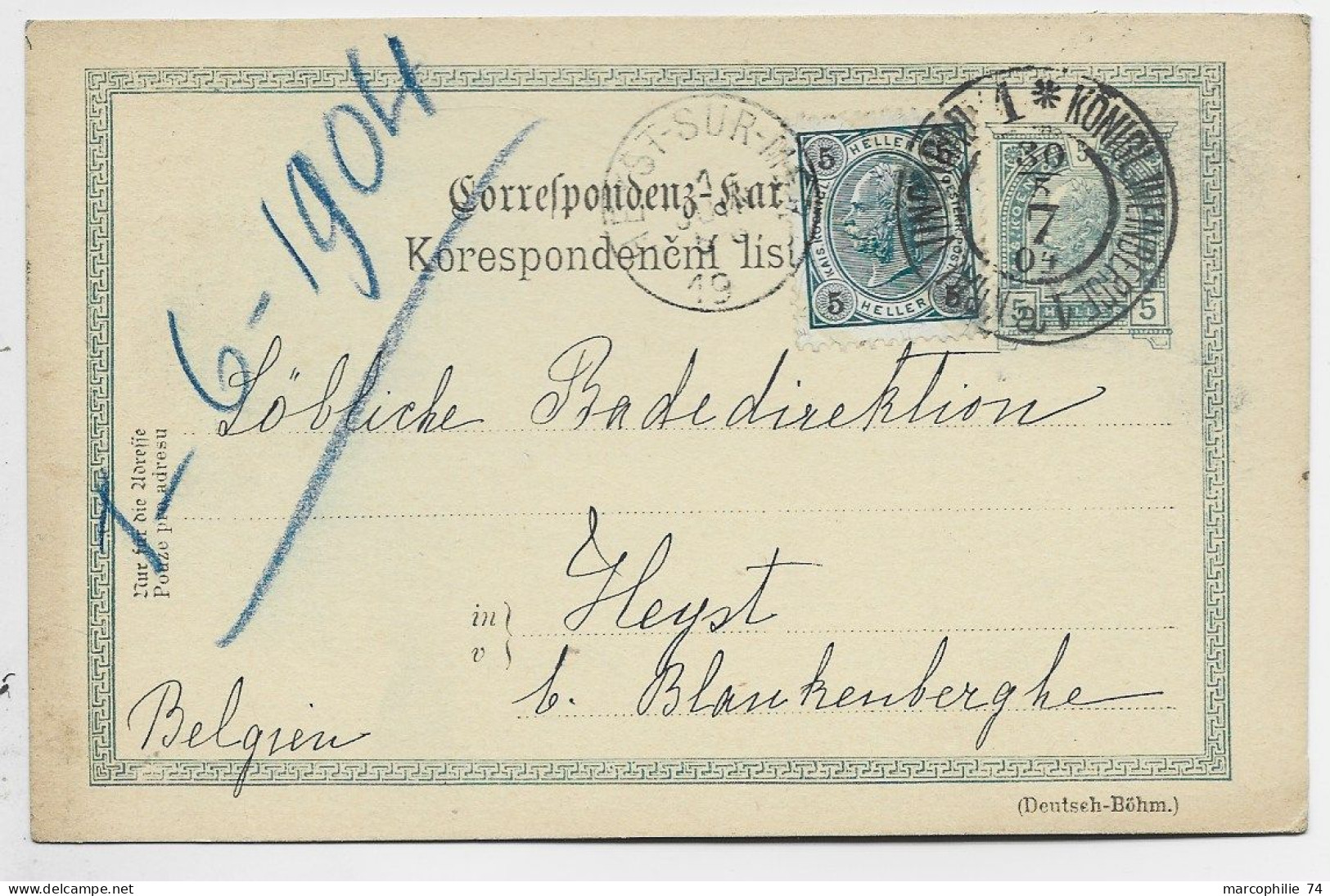 AUSTRIA ENTIER 5 HELLER POST KARTE +5H KONIG WEINBERGE 1904 TO BELGIQUE - Lettres & Documents