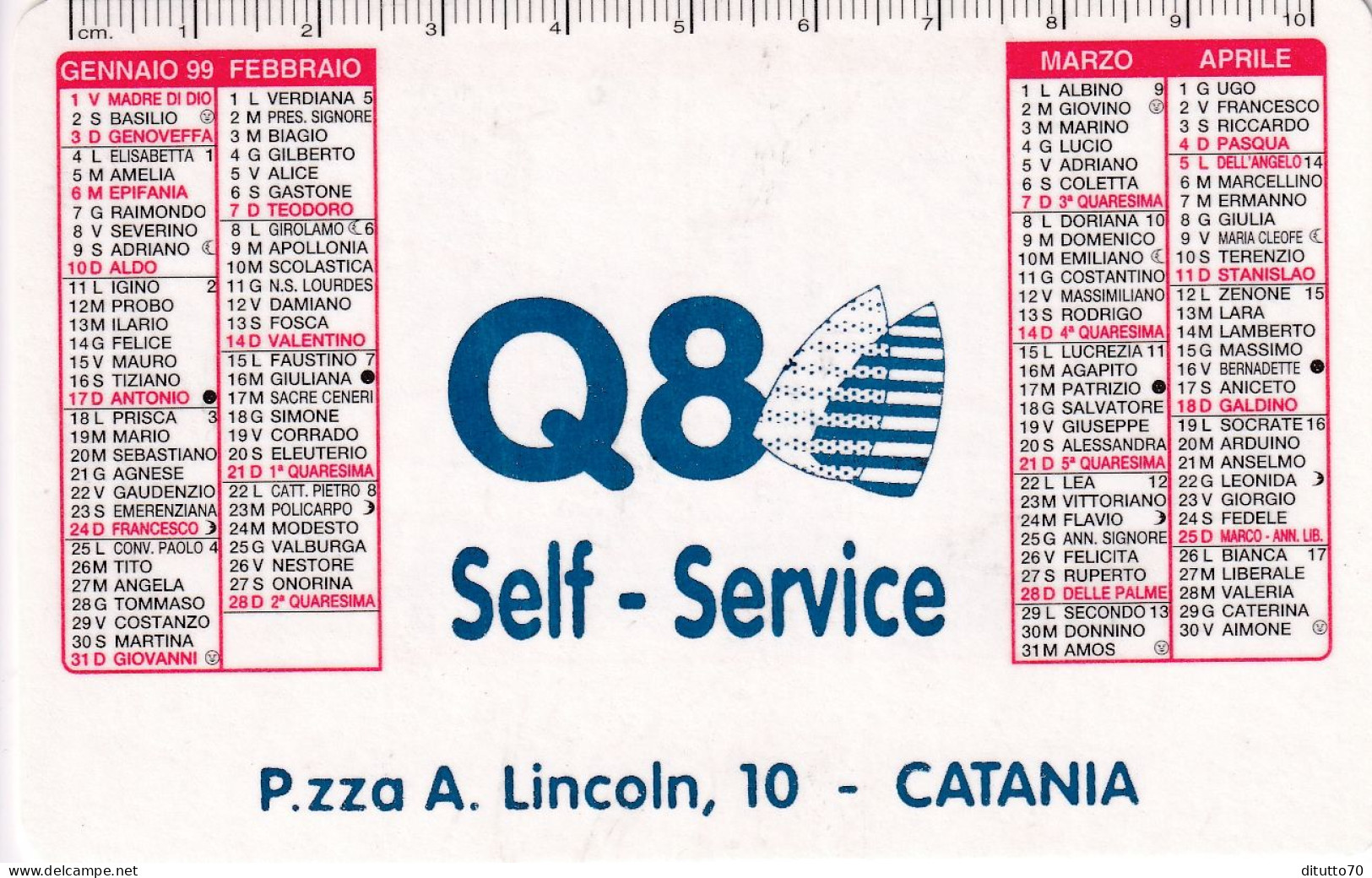 Calendarietto - Q8 - Self - Service- Catania - Anno 1999 - Formato Piccolo : 1991-00