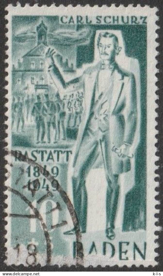 Franz. Zone- Baden: 1949, Mi. Nr. 50 I, 100. Jahrestag Der Badischen Revolution, 10+5 Pfg. C. Schurz  Gestpl./used - Baden