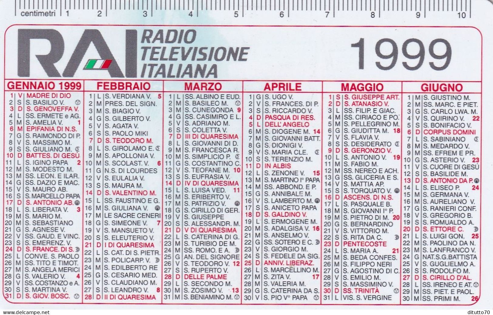 Calendarietto - RAI - Radio Televisione Italiana - Anno 1999 - Petit Format : 1991-00