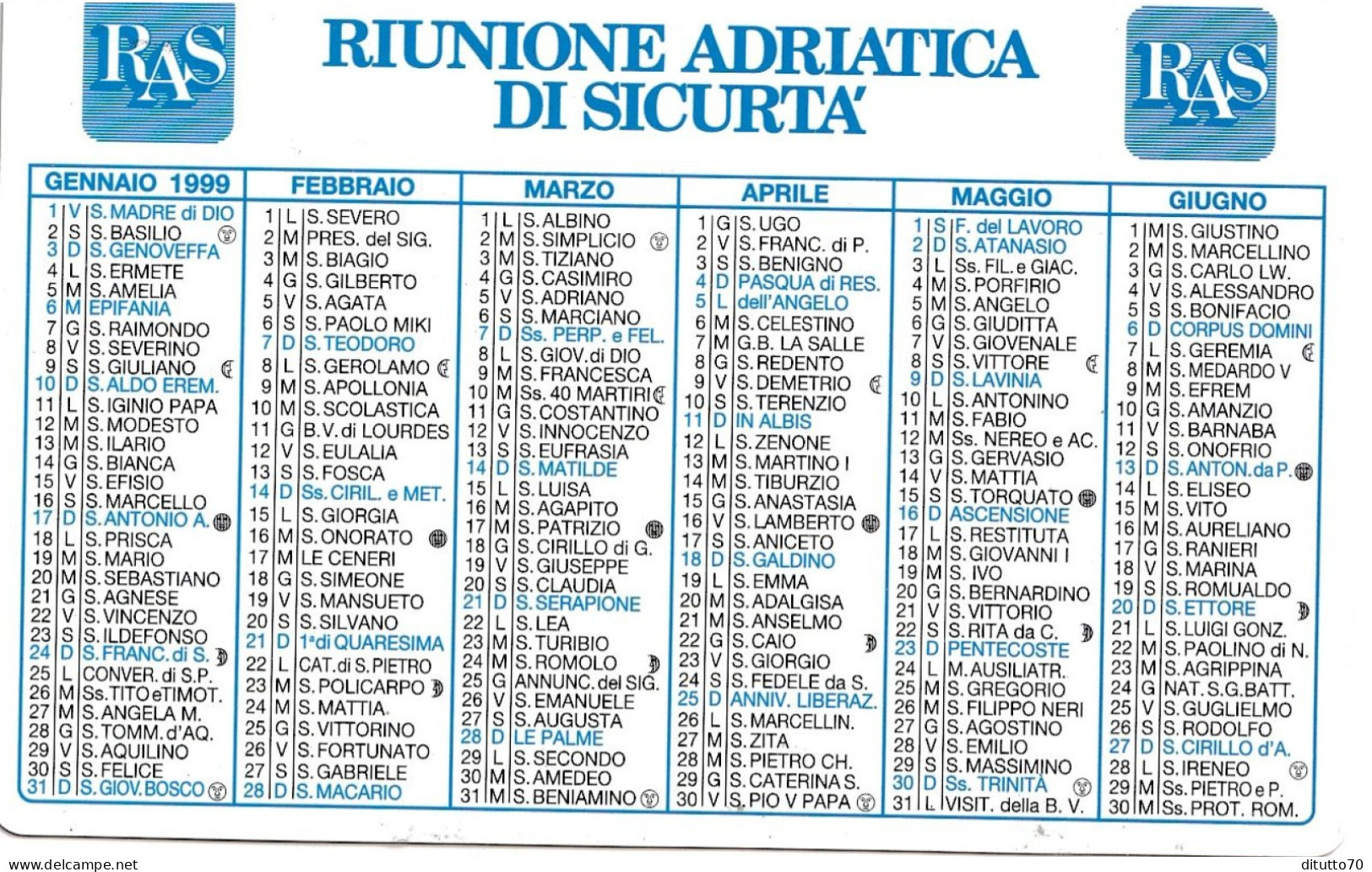 Calendarietto - RAS - Riunione Adriatica Di Sicurezza - Anno 1999 - Petit Format : 1991-00