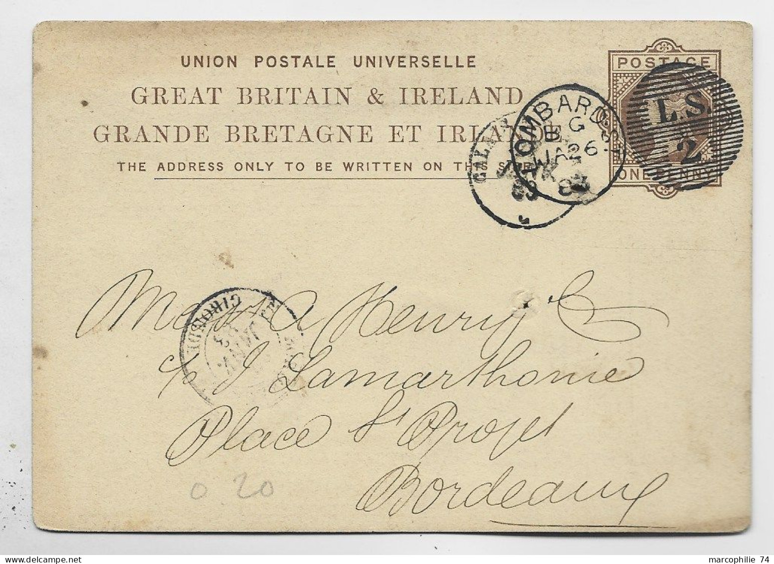 ENGLAND ENTIER GREAT BRITAIN IRELAND ONE PENNY POST CARD REPIQUAGE GENERAM STEAM NAVIGATION LOMBARD 1893 TO FRANCE - Interi Postali