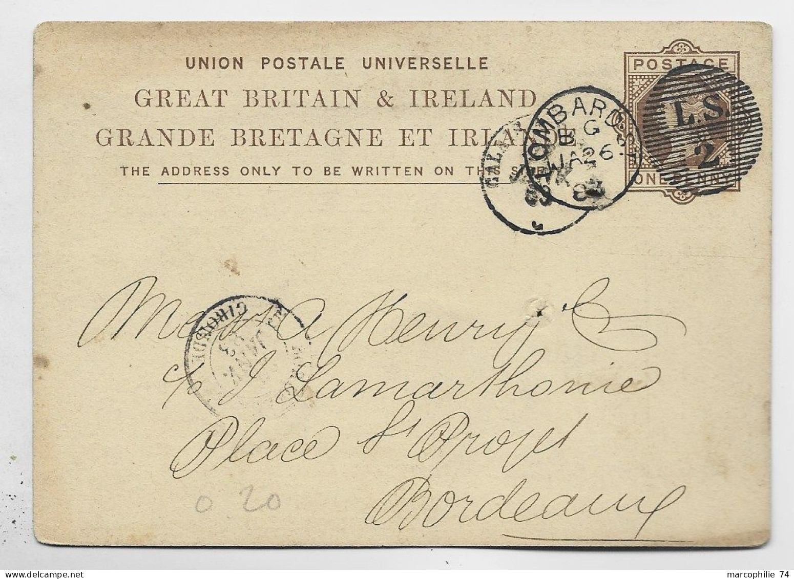 ENGLAND ENTIER GREAT BRITAIN IRELAND ONE PENNY POST CARD REPIQUAGE GENERAM STEAM NAVIGATION LOMBARD 1893 TO FRANCE - Entiers Postaux