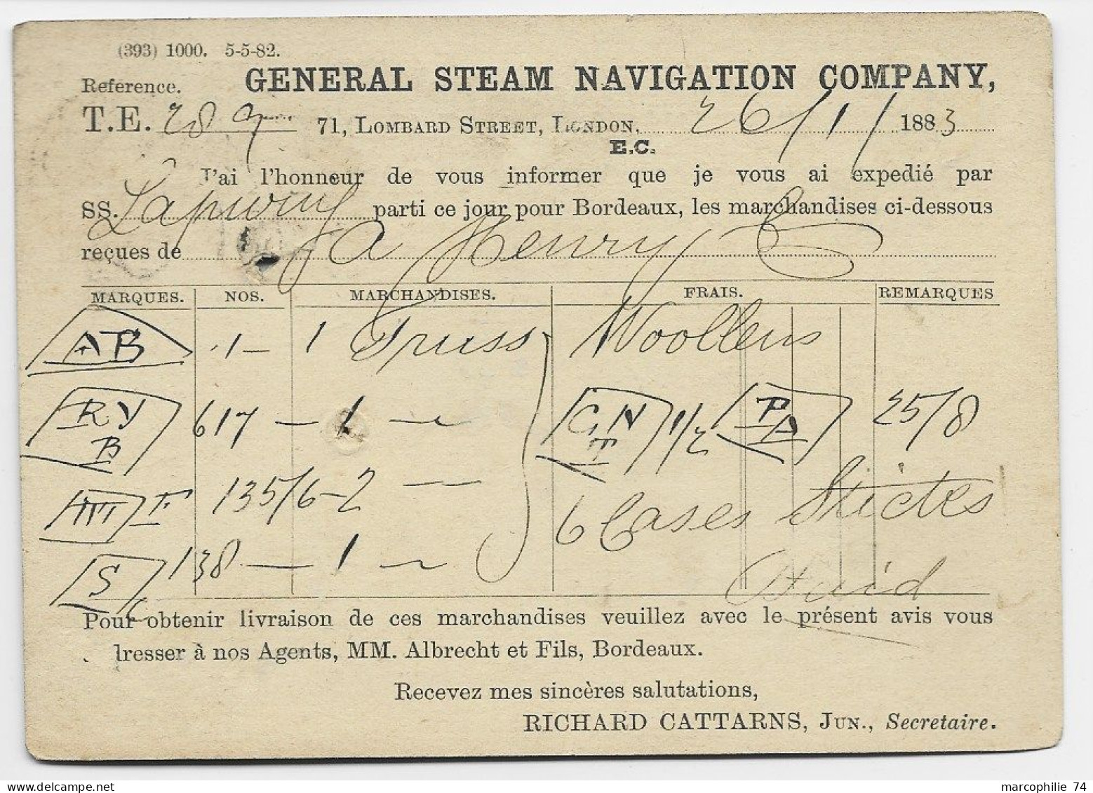 ENGLAND ENTIER GREAT BRITAIN IRELAND ONE PENNY POST CARD REPIQUAGE GENERAM STEAM NAVIGATION LOMBARD 1893 TO FRANCE - Stamped Stationery, Airletters & Aerogrammes