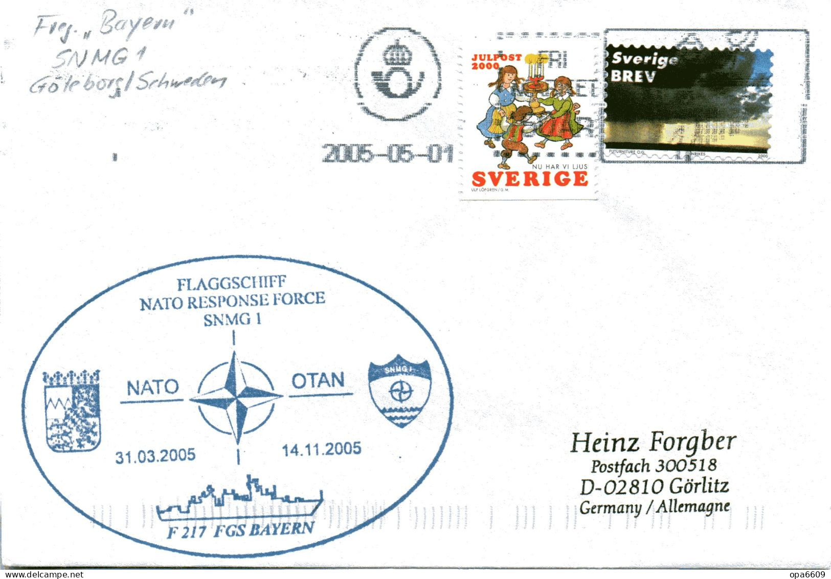 (Freg3)BRD Cachetumschlag FREGATTE"BAYERN"F217 Flaggschiff NATO RESPONDE FORCE SNMG1 MiF Schweden MWSt 2005 Göteborg - Schiffe