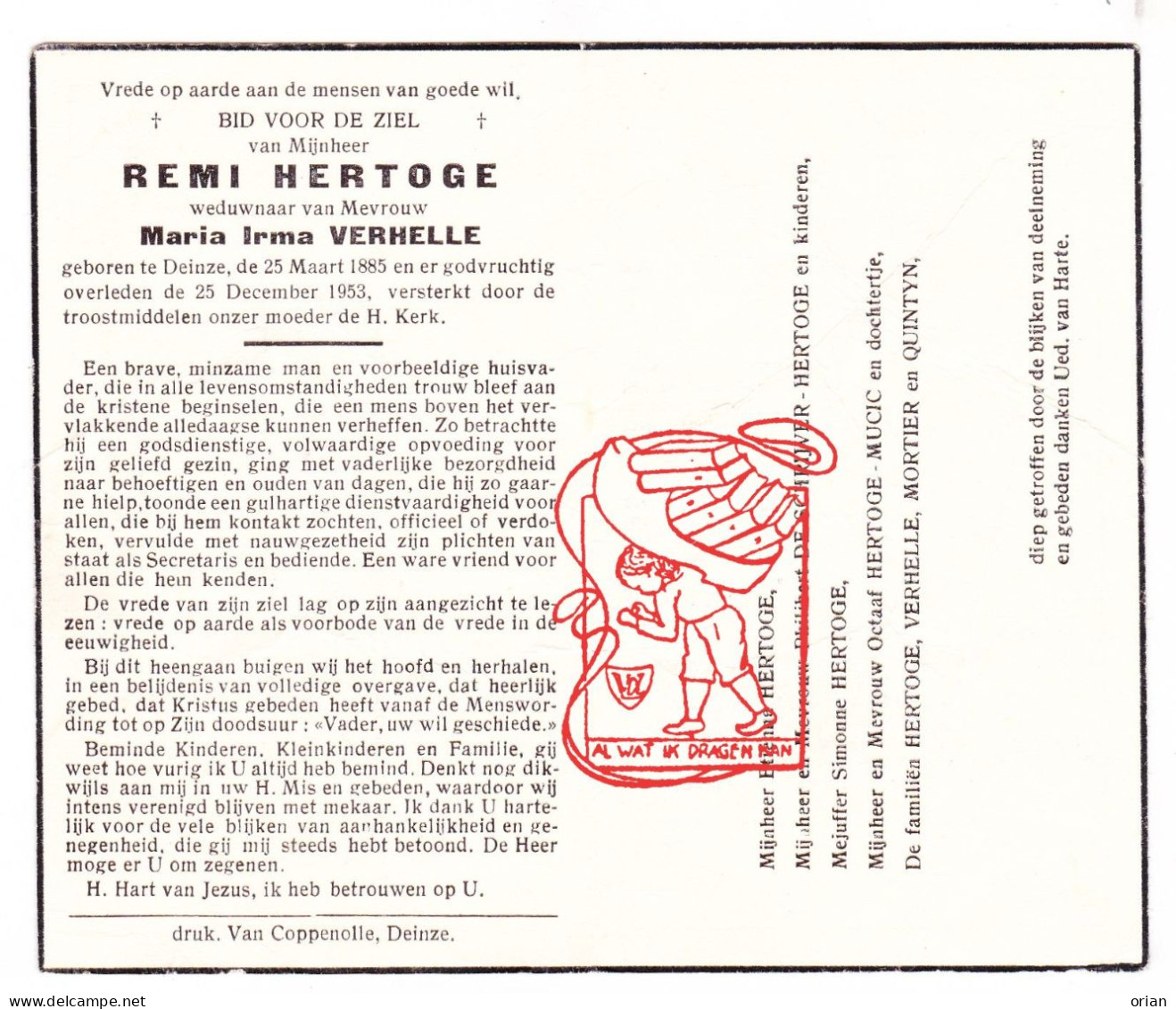 DP Remi Hertoge ° Deinze 1885 † 1953 X Maria Irma Verhelle // De Schrijver Mucic Mortier Quintyn - Devotion Images