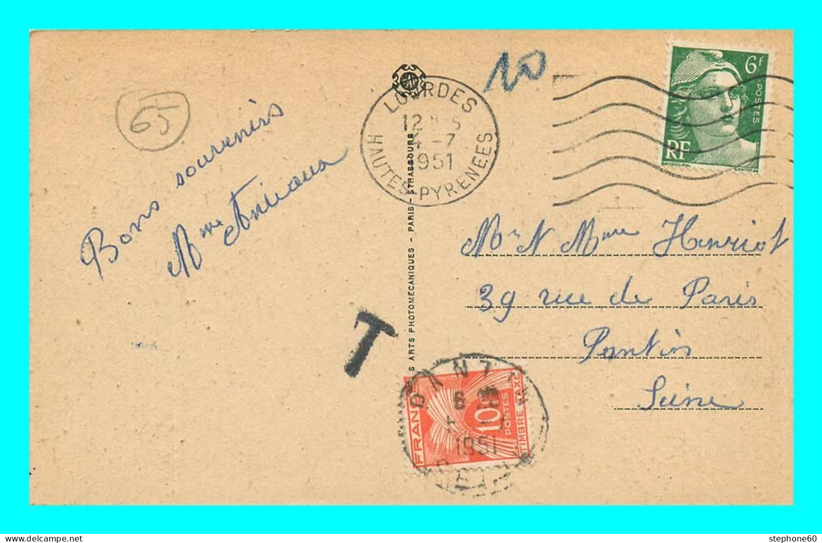 A805 / 109 65 - LOURDES Grotte ( Timbre Taxe - Lettre Taxée ) - Lourdes