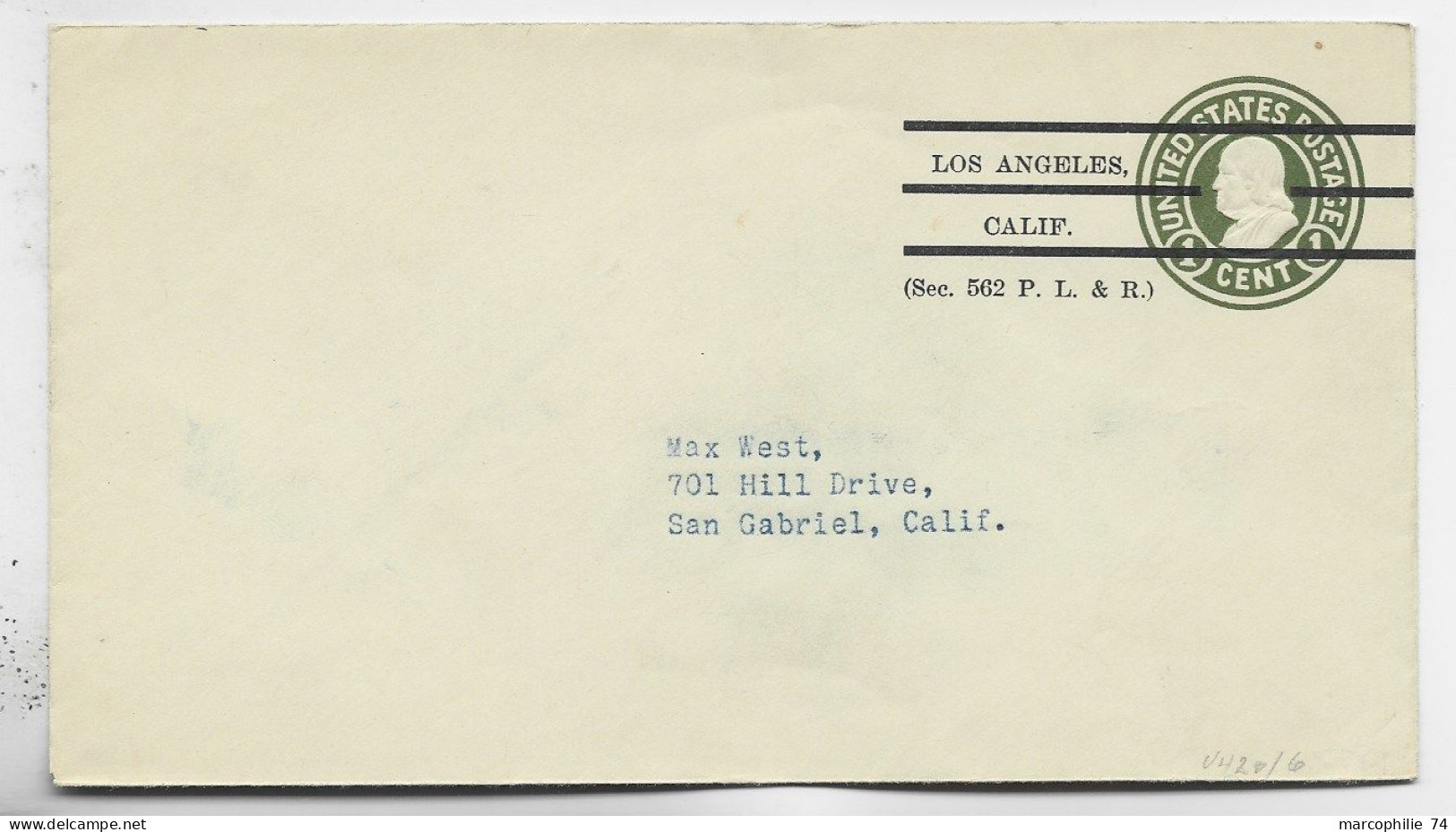 ETATS UNIS USA ENTIER 1 CENT ENVELOPPE COVER LOS ANGELES CALIF TO SAN GABRIEL - 1901-20