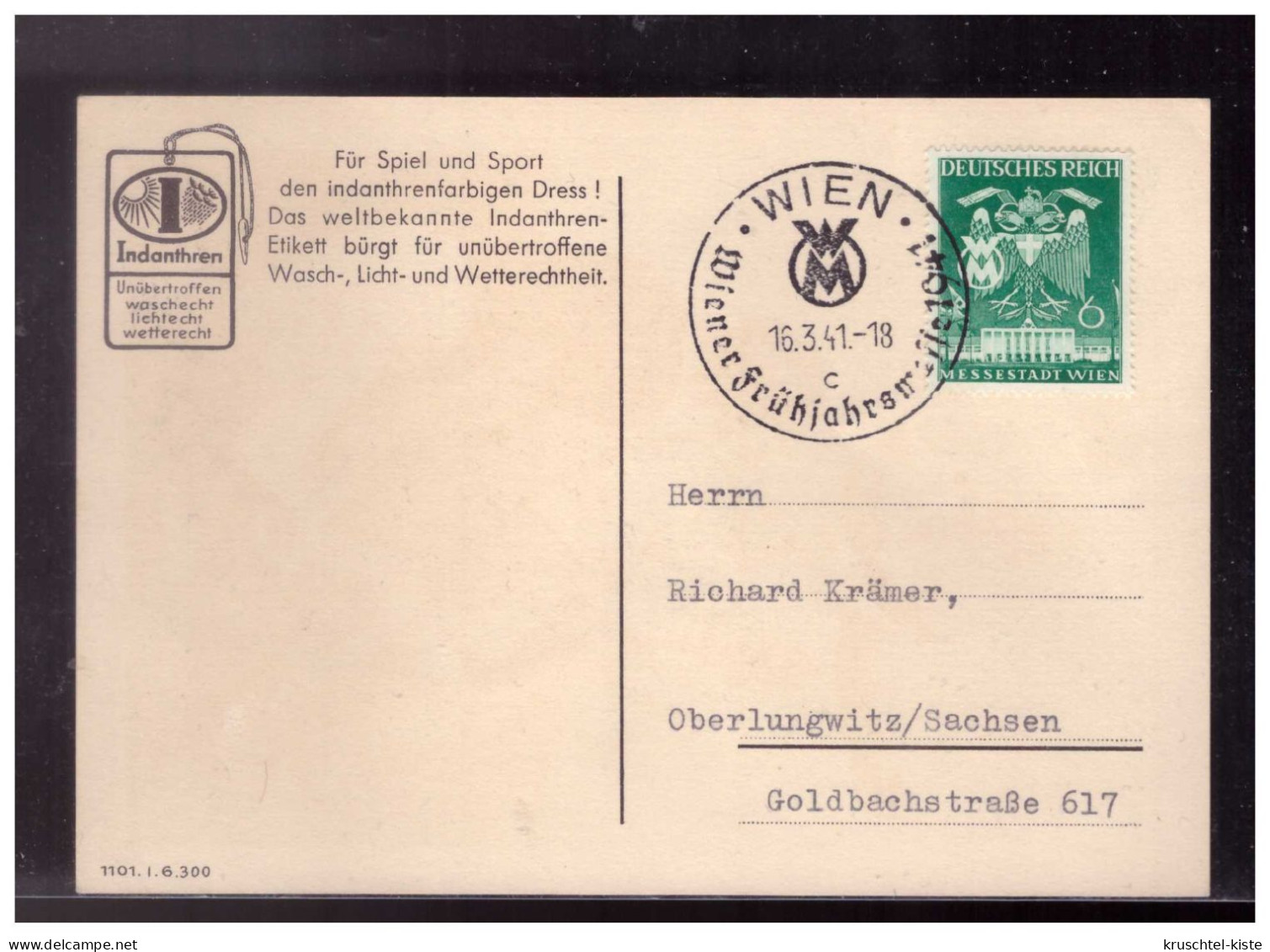 DT- Reich (024126) Werbepostkarte Indanthen Dress, Gelaufen Wien 16.3.1941 - Publicidad