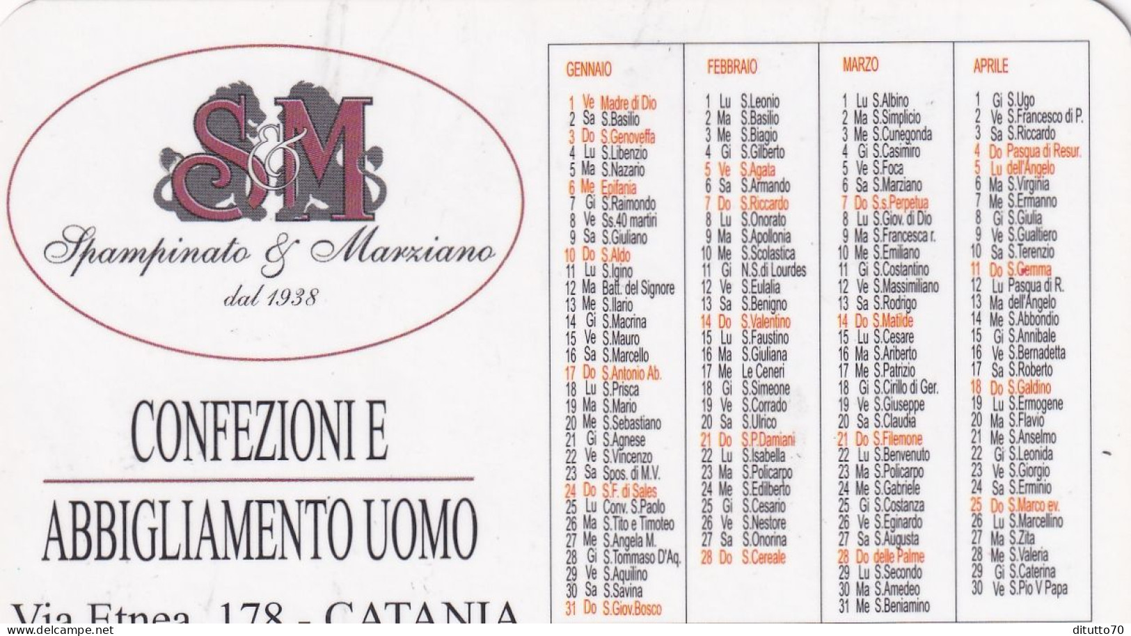 Calendarietto - Spampinato E Maarziano  - Confezione  Abbigliamento - Catania - Anno 1999 - Petit Format : 1991-00