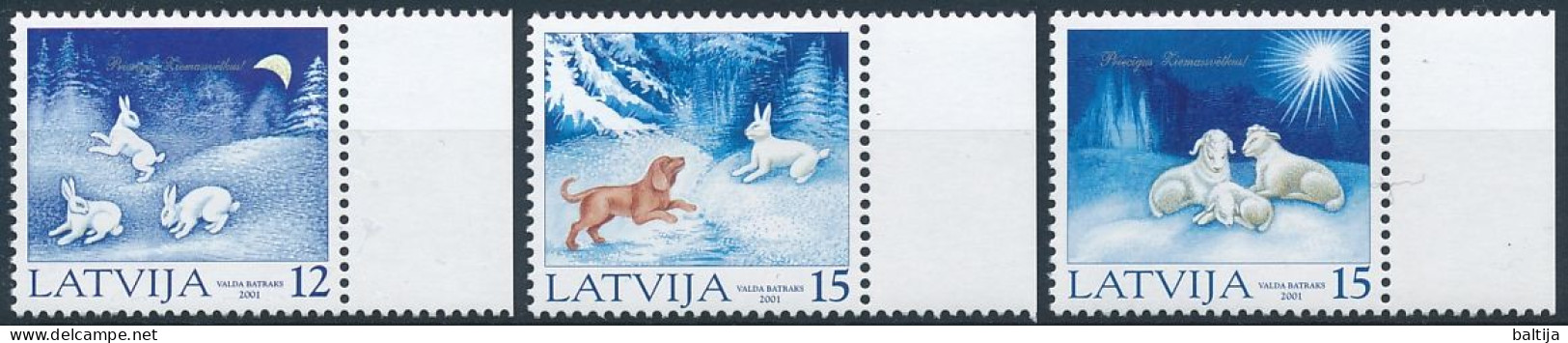 Mi 559-561 ** MNH / Christmas, Animals In The Winter Forrest, Hare, Dog, Sheep - Letland