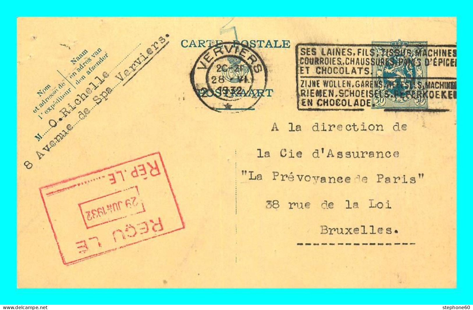 A809 / 251 Belgique Entier Postal Cachet 1932 - Cartes Postales 1909-1934