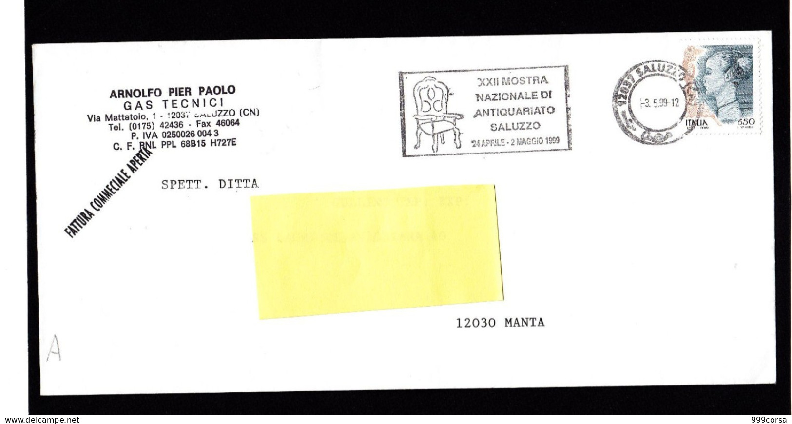 St. Post.1999, Italia, Targhetta "XXII Mostra Nazionale Antiquariato, Saluzzo (CN) 24 Aprile-2 Maggio 1999" (ReA) - Autres & Non Classés