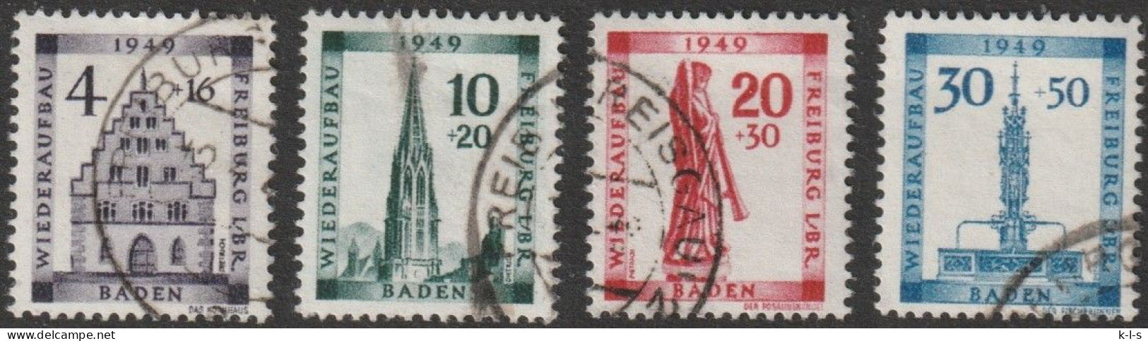 Franz. Zone- Baden: 1949, Mi. Nr. 38-41 A, Wiederaufbau Der Stadt Freiburg Im Breisgau.   Gestpl./used - Bade