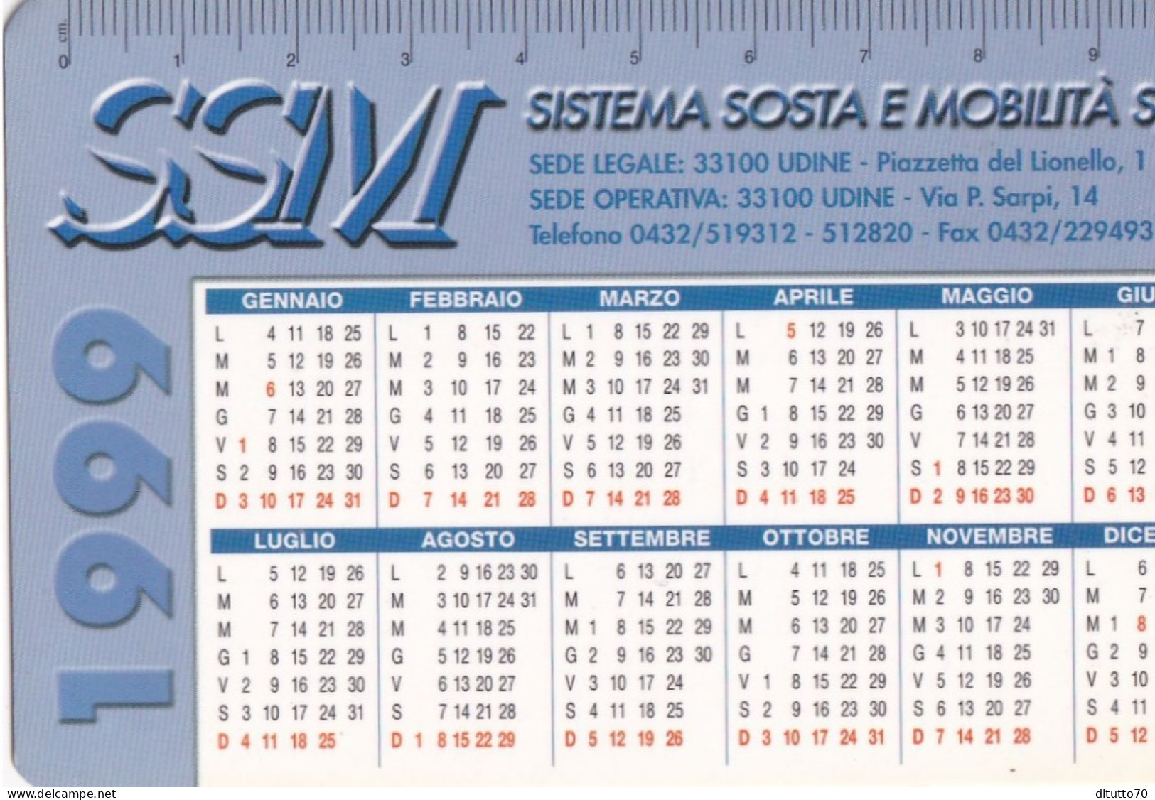 Calendarietto - SSM - Sistema Sosta E Mobilità - Udine - Anno 1999 - Tamaño Pequeño : 1991-00