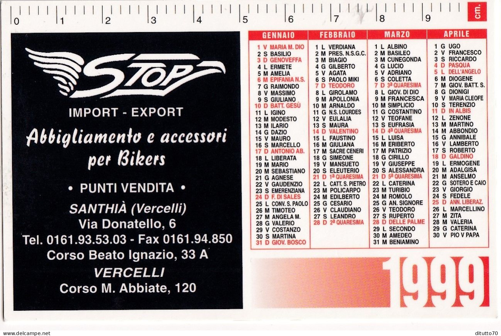 Calendarietto - STOP - Import - Export - Santhia - Vercelli - Anno 1999 - Small : 1991-00