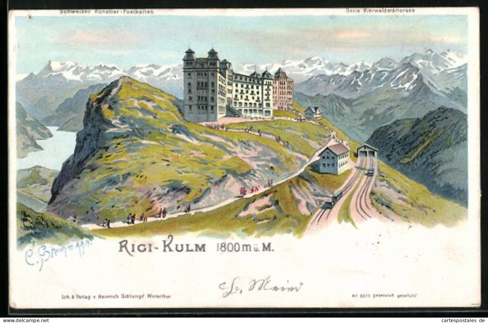 Künstler-Lithographie C. Steinmann: Rigi-Kulm, Hotel Mit Gebirgspanorama, Bergbahn  - Other & Unclassified