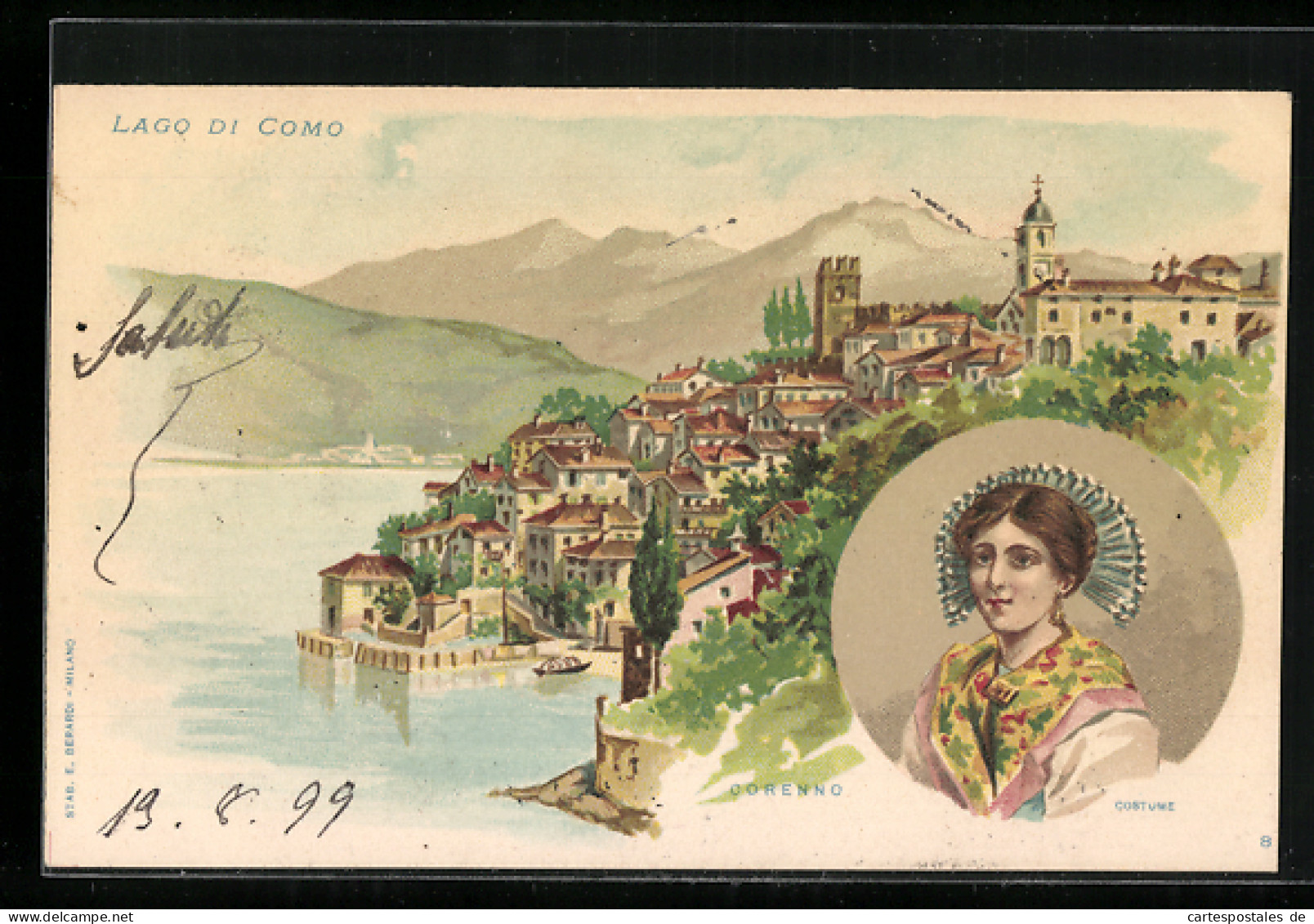 Lithographie Corenno, Costume, Panorama, Lago Di Como  - Como