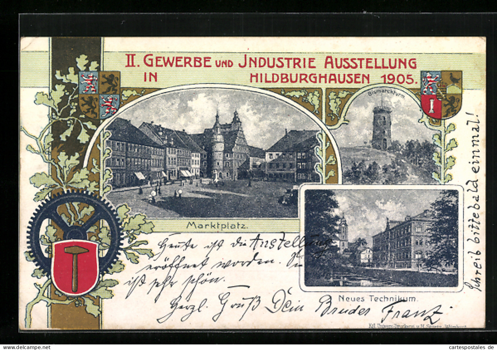 AK Hildburghausen, II. Gewerbe- Und Industrie-Ausstellung 1905, Marktplatz, Neues Technikum, Wappen  - Ausstellungen