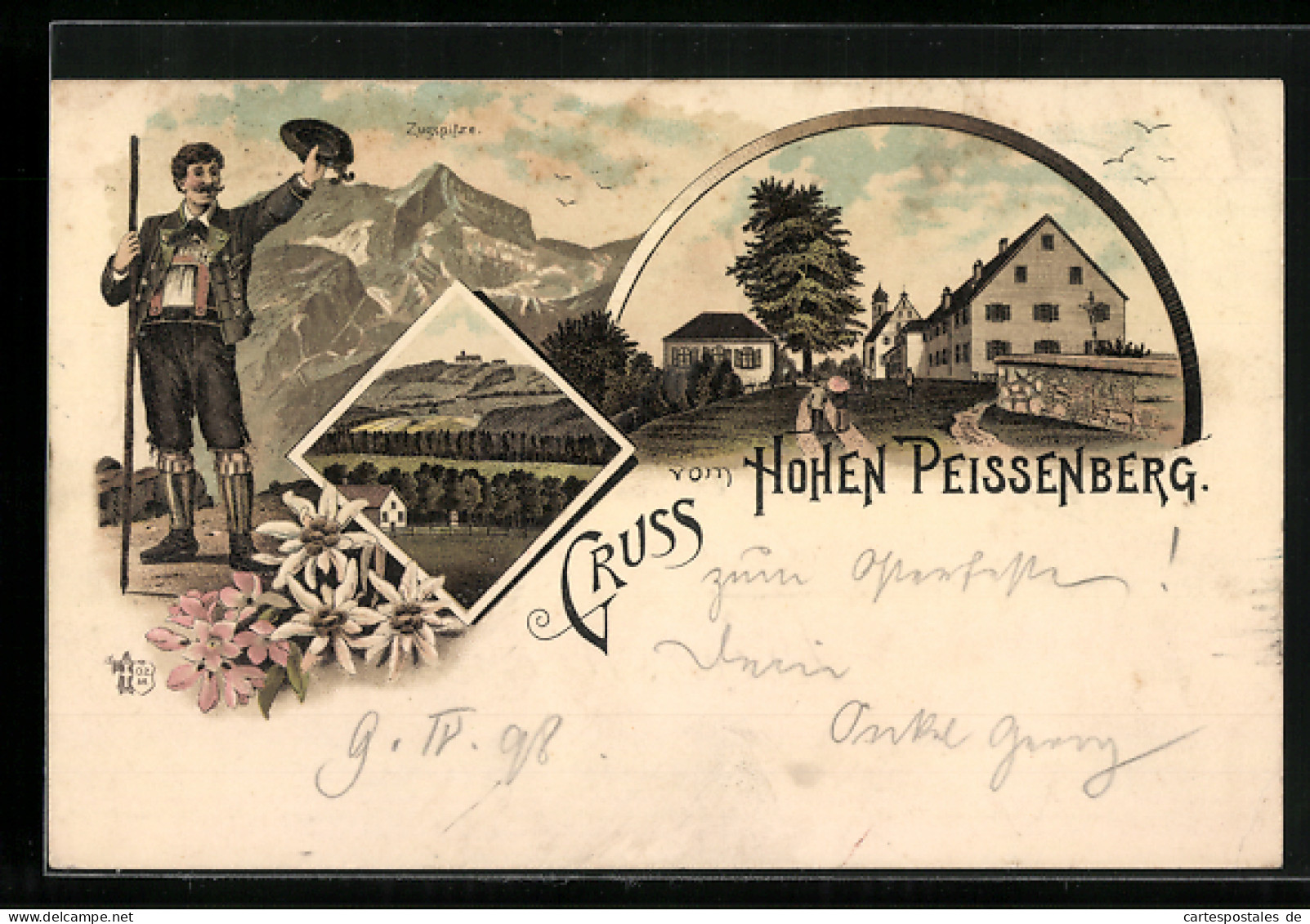 Lithographie Hohenpeissenberg, Ortspartie Mit Kirche, Mann In Tracht Und Zugspitze, Panorama  - Zugspitze