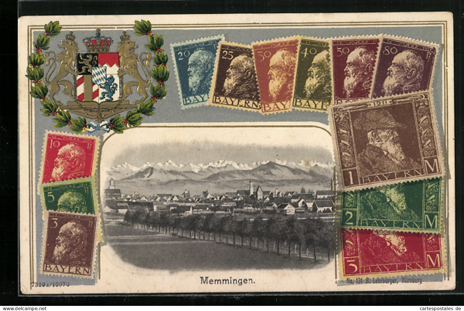 Präge-Lithographie Memmingen, Bayerische Briefmarken, Totalansicht, Wappen  - Briefmarken (Abbildungen)