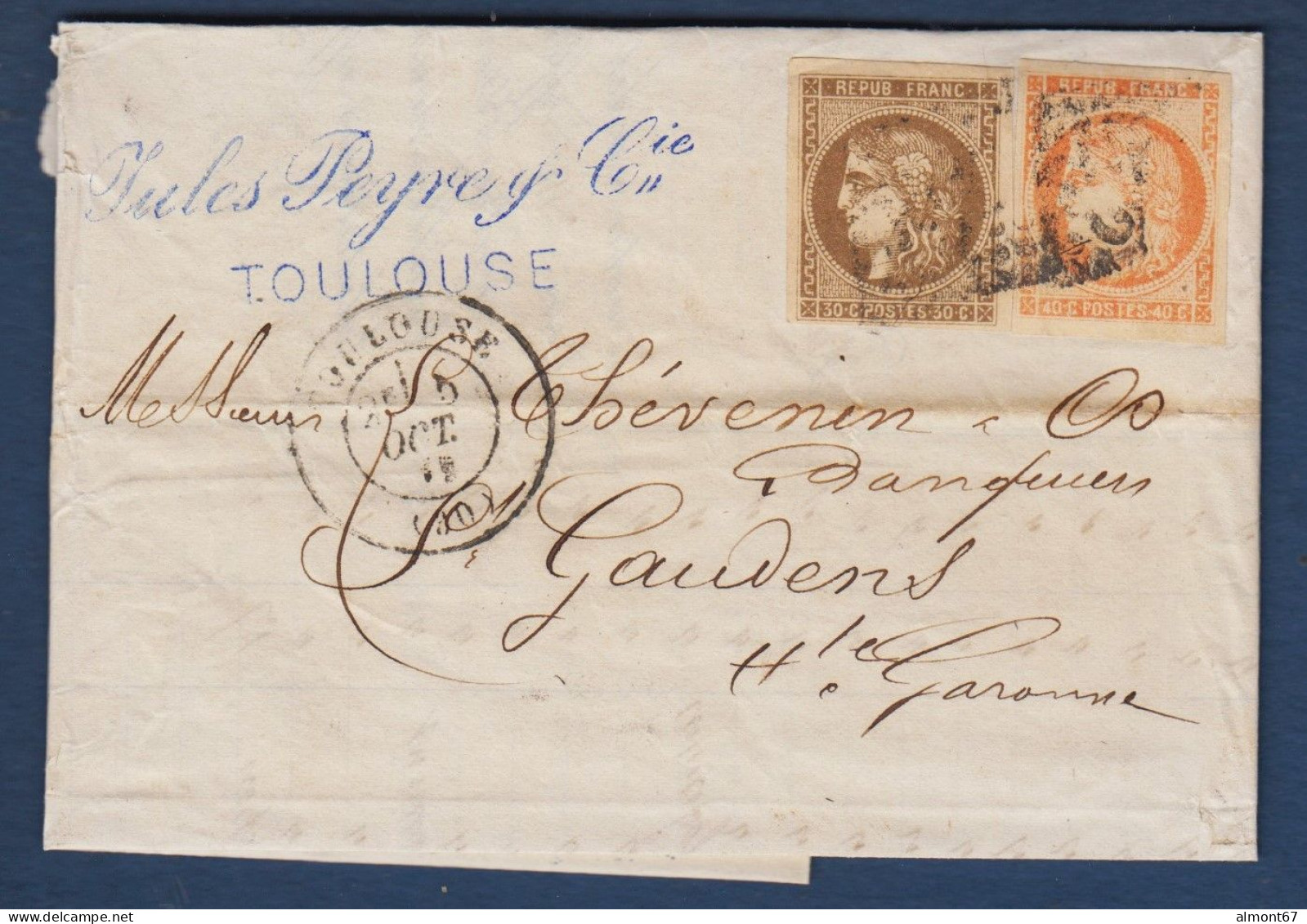 Bordeaux N° 47 Et 48 Sur Lettre De Toulouse Pour St Gaudens - 1870 Emission De Bordeaux