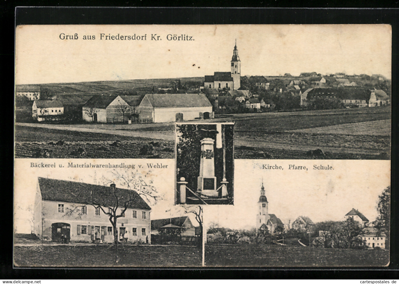 AK Friedersdorf /Kr. Görlitz, Bäckerei U. Materialwarenhandlung V. Wehler, Kirche, Pfarre, Schule  - Goerlitz