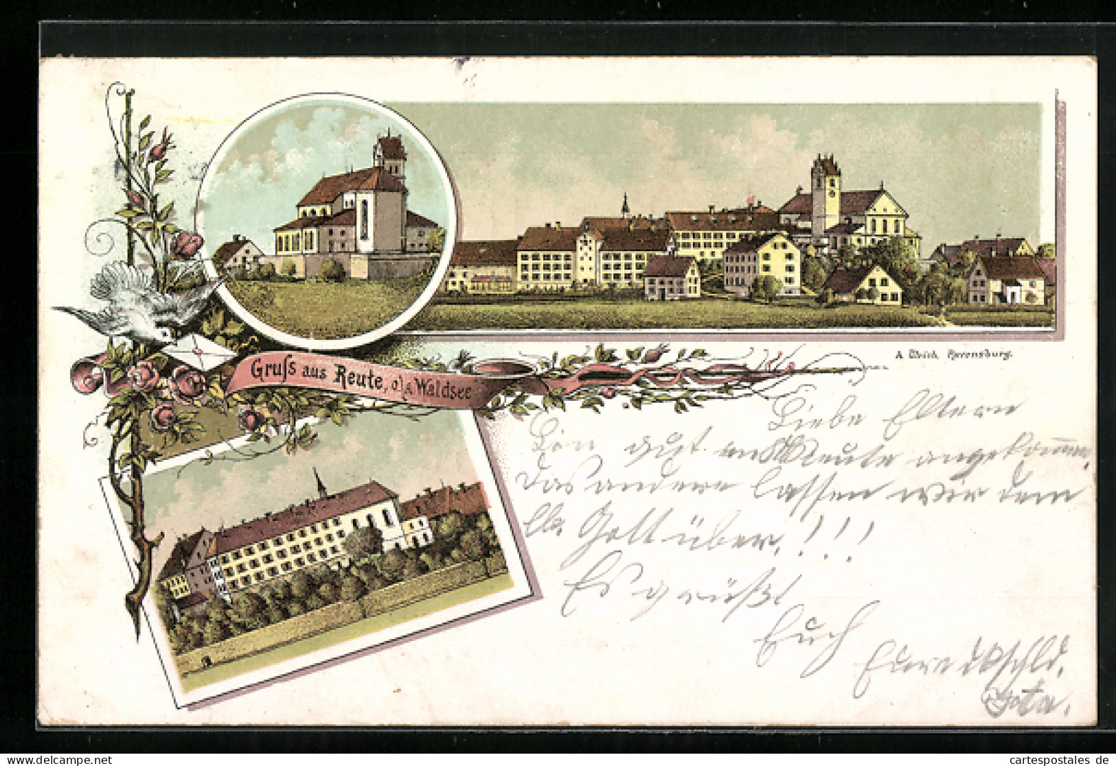 Lithographie Reute O. A. Waldsee, Ortsansicht, Kirche  - Bad Waldsee