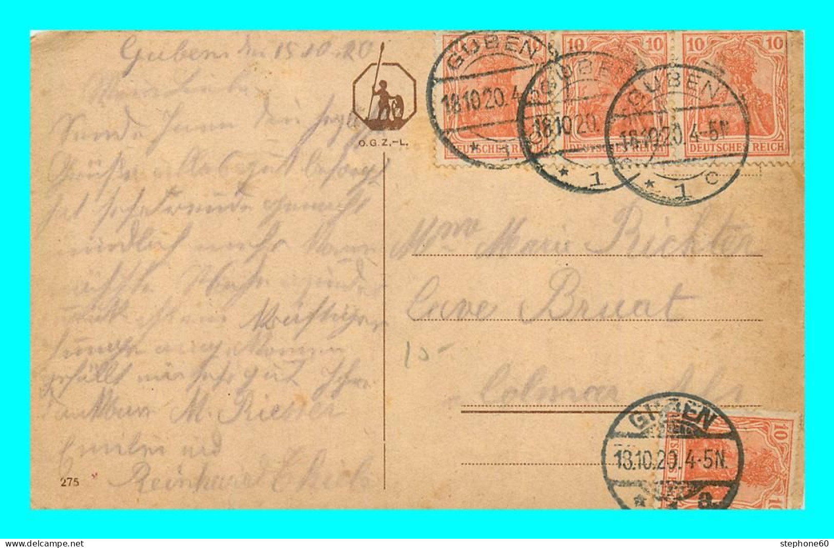 A823 / 391  Timbre Deutsche Reich Sur Lettre Cachet GUBEN 1920 - Covers & Documents