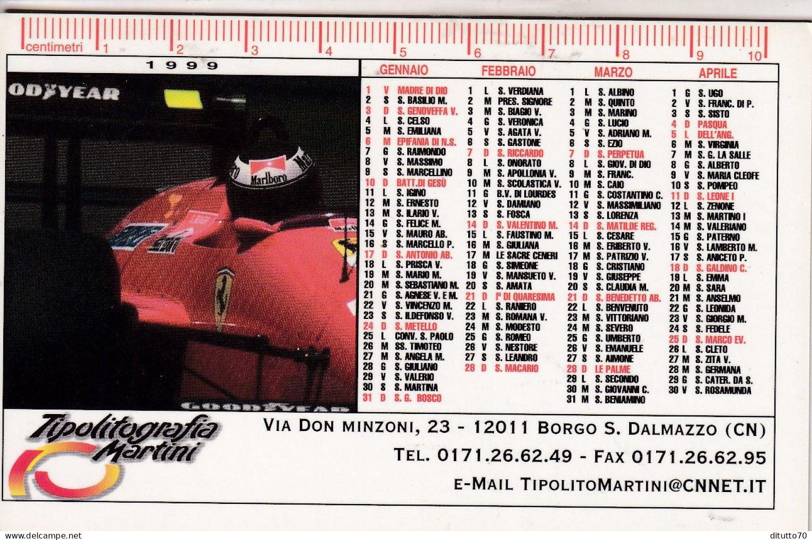 Calendarietto - Tipolitografia Martini - Borgo S.dalmazzo - Cuneo - Anno 1999 - Formato Piccolo : 1991-00