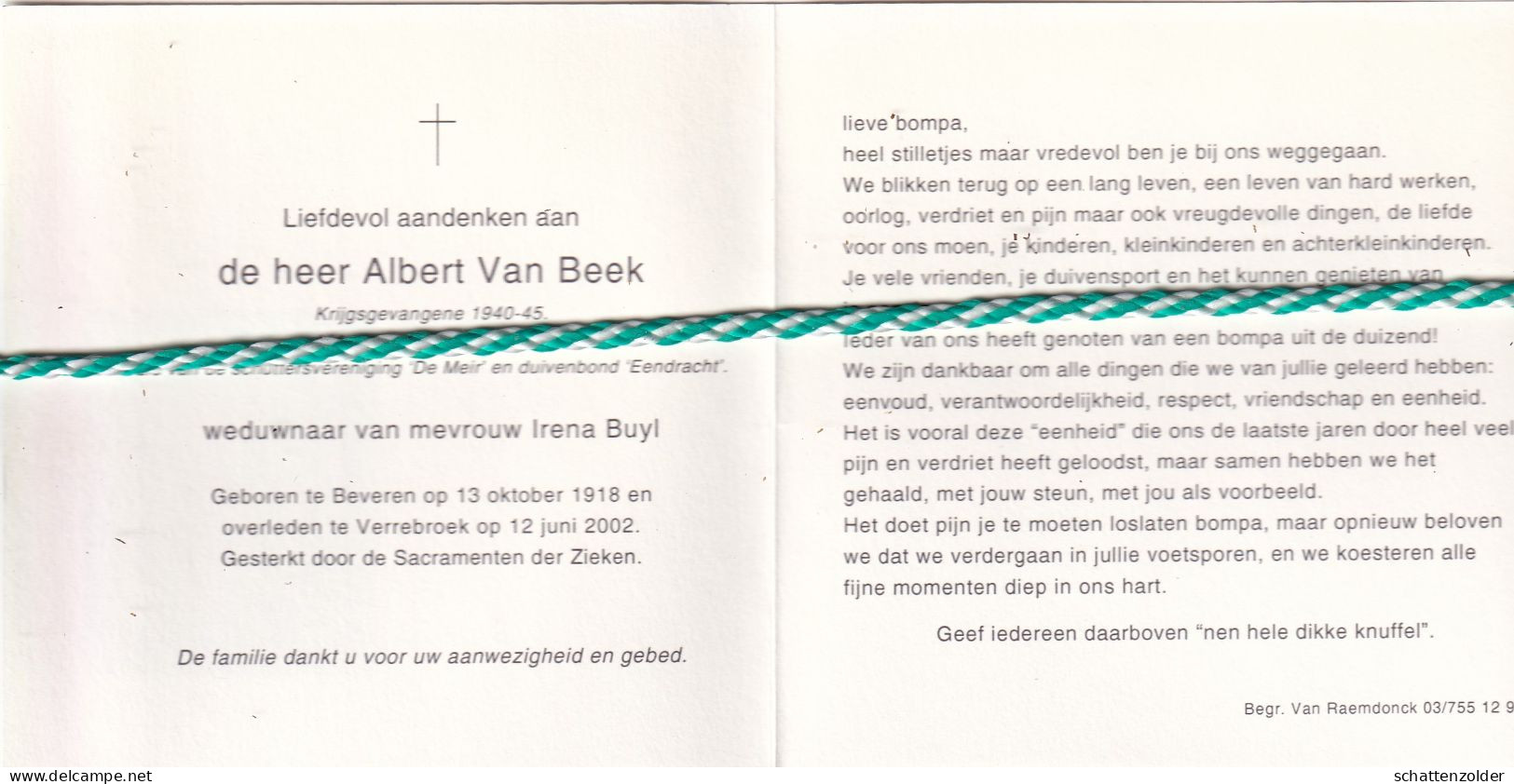 Albert Van Beek-Buyl, Beveren 1918, Verrebroek 2002. Foto - Obituary Notices