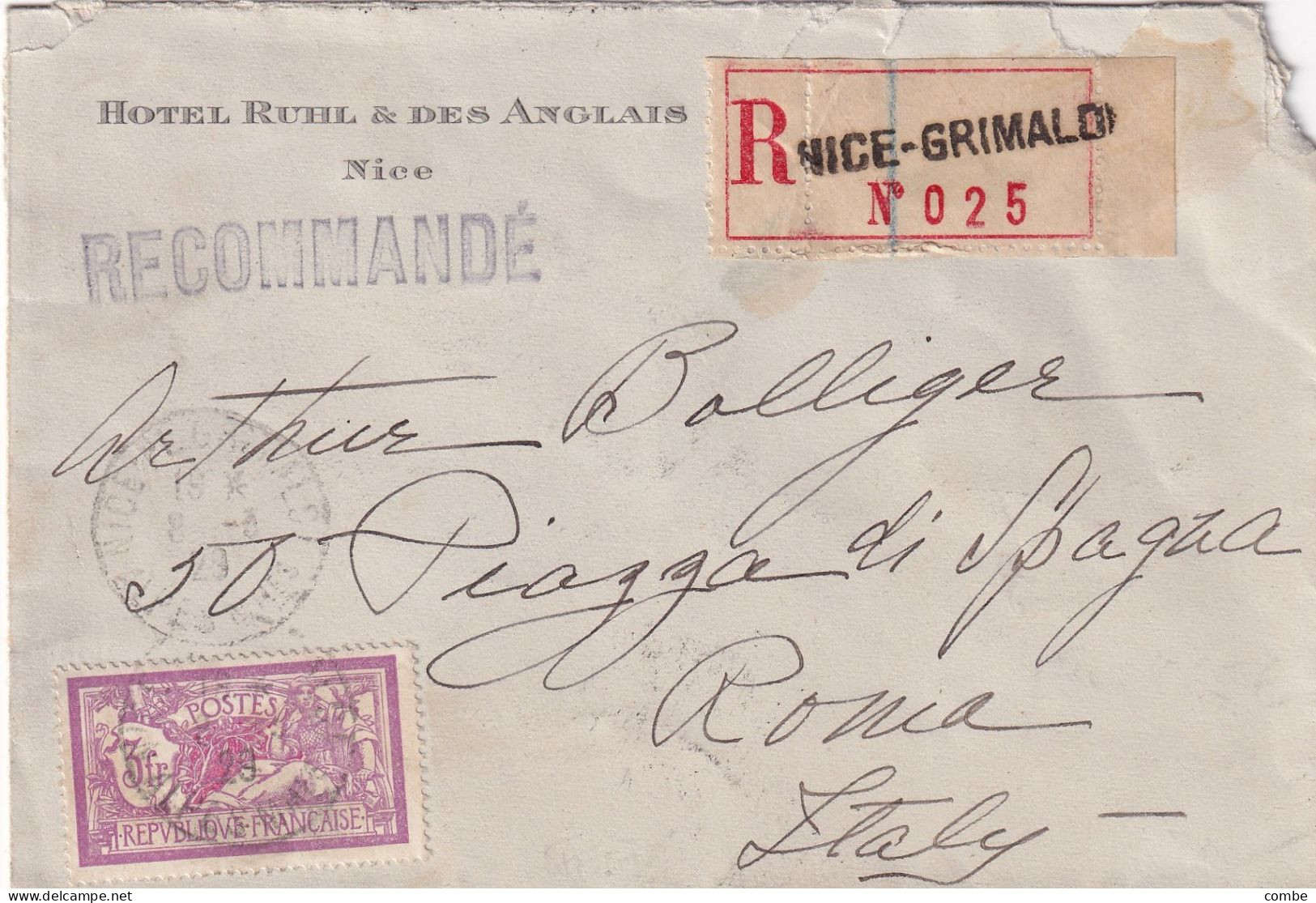 LETTRE. 8 3 29. RECOMMANDE. HOTEL RUHL NICE. MERSON N° 240 SEUL. POUR ROMA ITALIE - 1921-1960: Modern Period