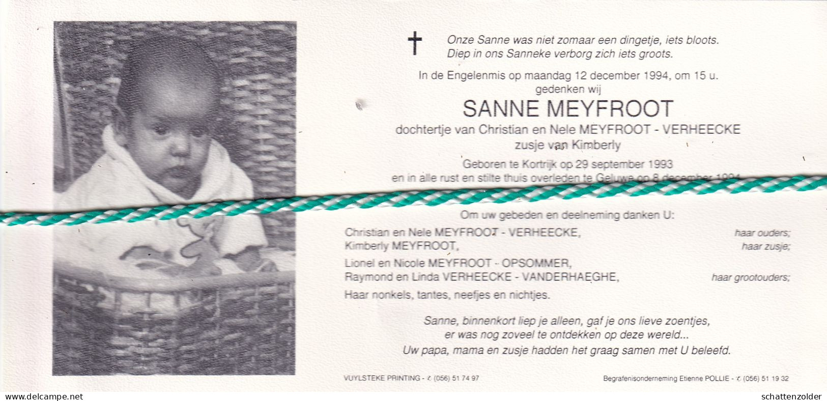 Sanne Meyfroot-Verheecke, Kortrijk 1993, Geluwe 1994. Foto - Obituary Notices