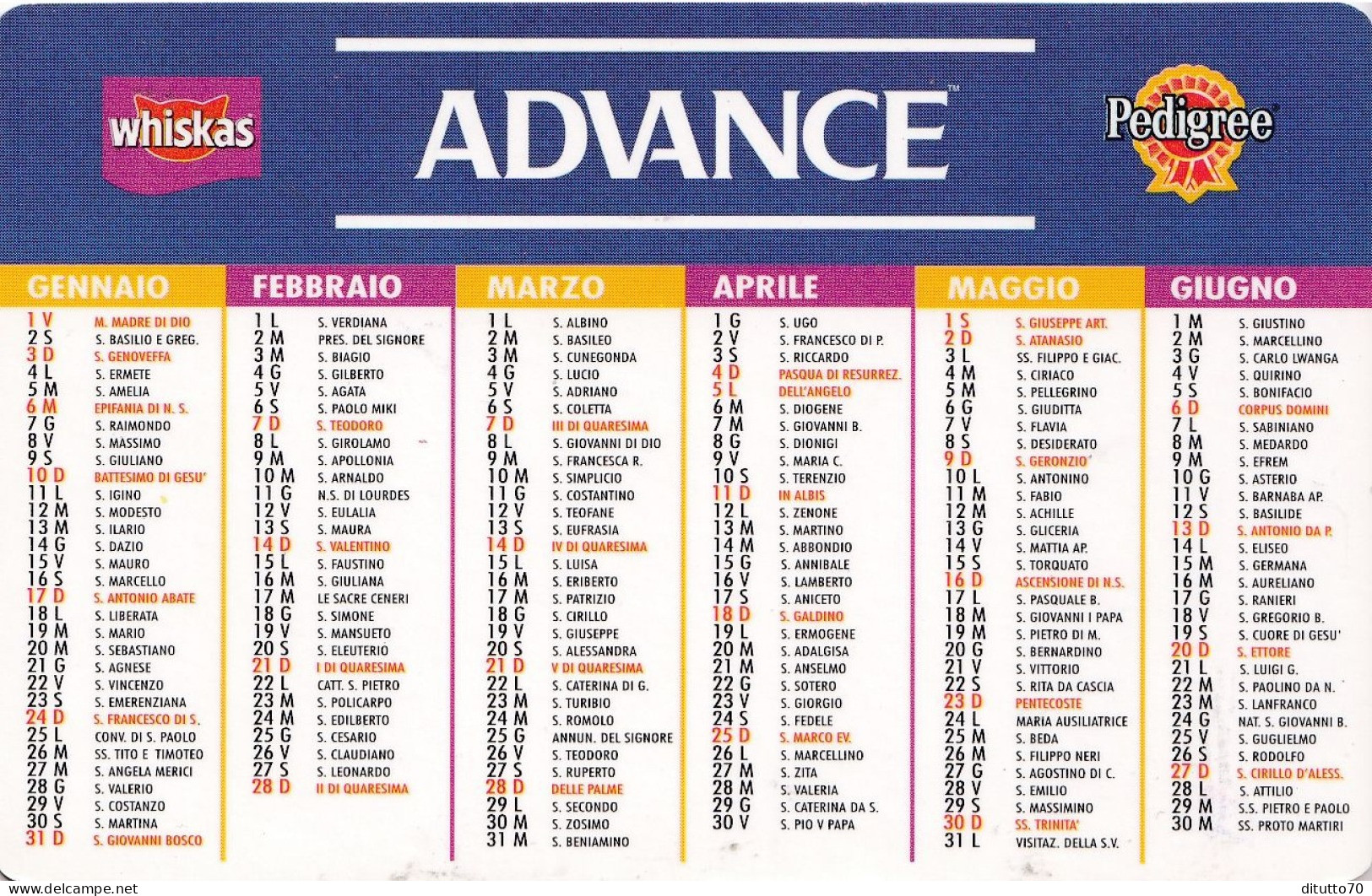 Calendarietto - WHISKAS - ADVANCE - PEDIGREE - Anno 1999 - Tamaño Pequeño : 1991-00