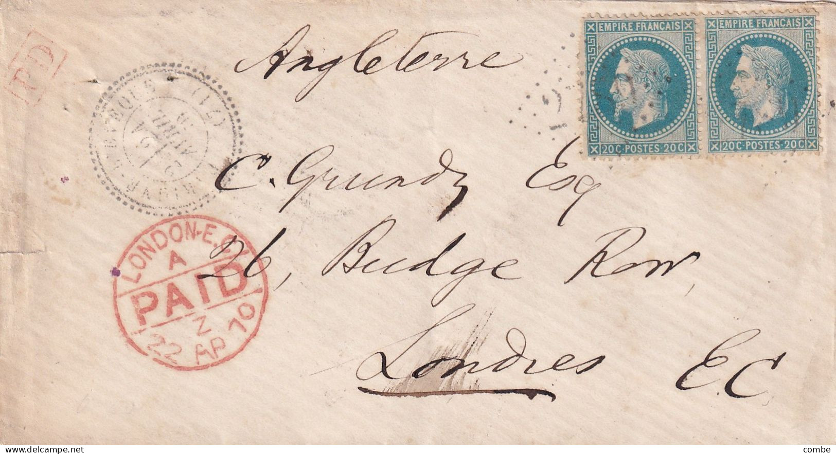 LETTRE. 24 AVR 1870. PAIRE N° 29. PERLÉ T24. PARIGNE L'EVEQUE. SARTHE. GC 2789. POUR LONDRES. PAID LONDON.E.C - 1849-1876: Classic Period