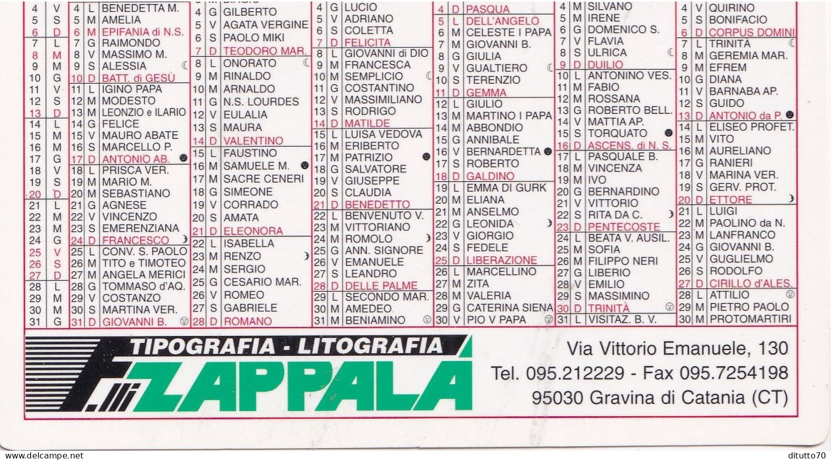 Calendarietto - Zappalà - Gravina Di Catania - Anno 1999 - Petit Format : 1991-00