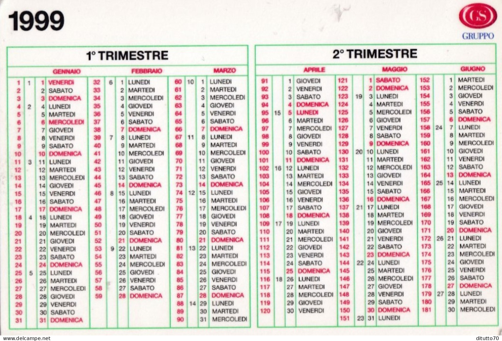 Calendarietto - GS - Gruppo - Anno 1999 - Tamaño Pequeño : 1991-00