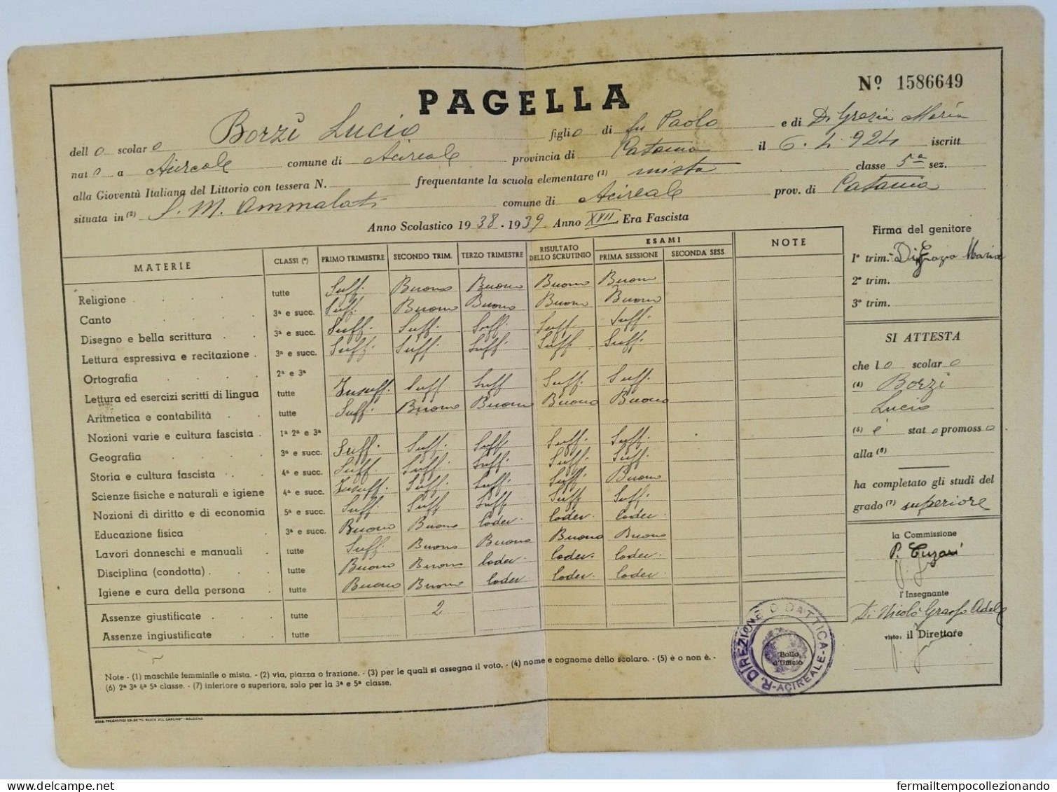 Bp119 Pagella Fascista  Regno D'italia Gioventu' Del Littorio Acireale Catania - Diplômes & Bulletins Scolaires