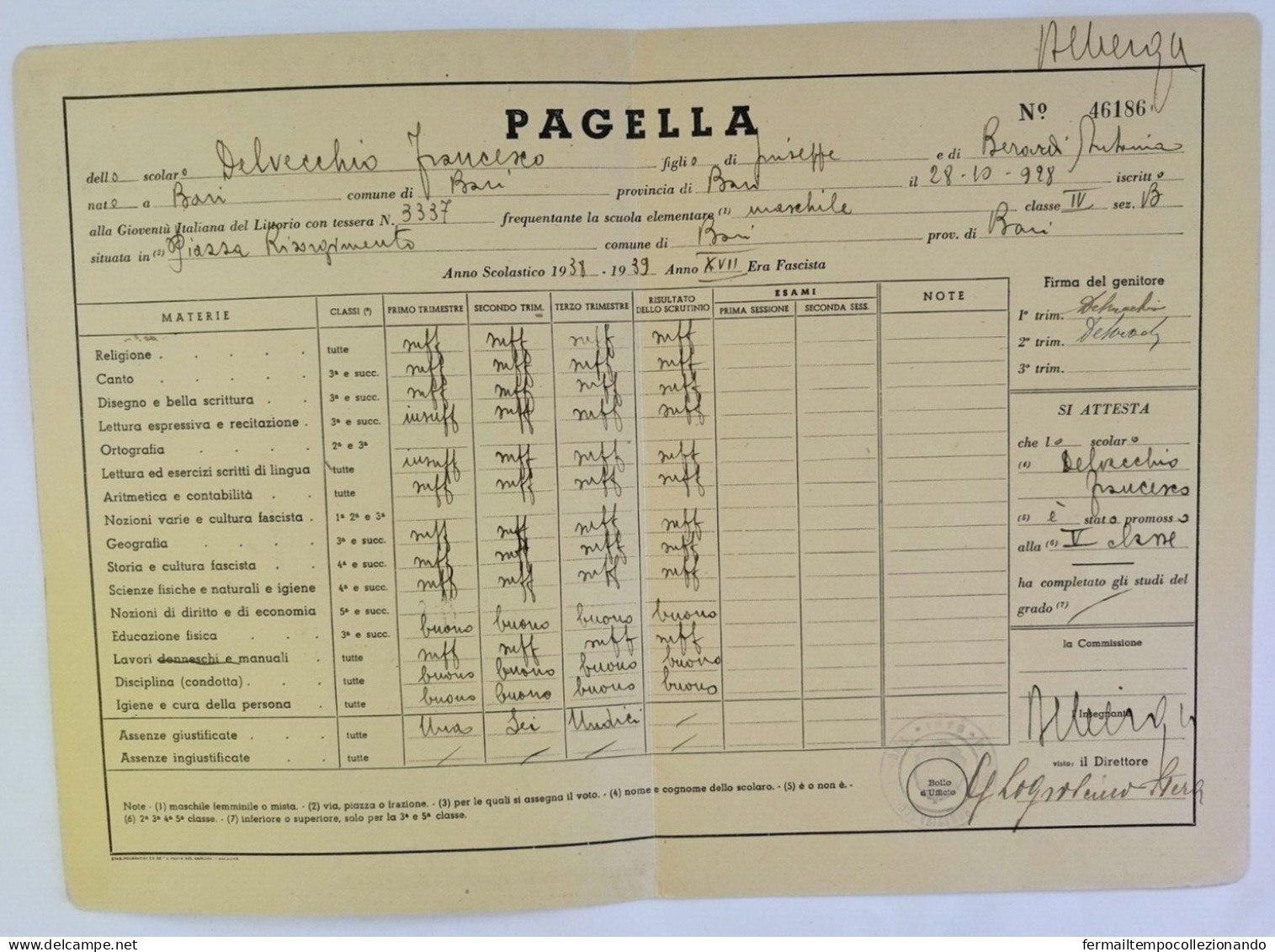 Bp121 Pagella Fascista  Regno D'italia Gioventu' Del Littorio  Bari 1939 - Diplômes & Bulletins Scolaires