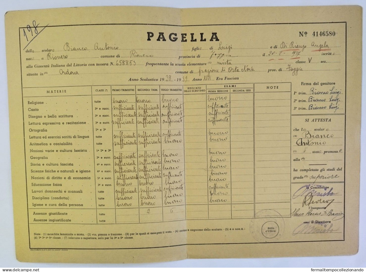 Bp123 Pagella Fascista  Regno D'italia Gioventu' Del Littorio Ortanova Foggia - Diploma & School Reports