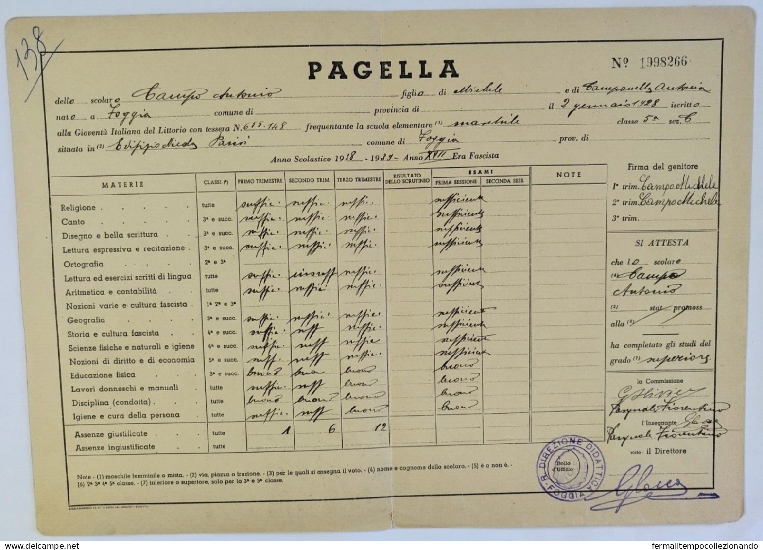 Bp122 Pagella Fascista  Regno D'italia Gioventu' Del Littorio Foggia 1939 - Diplomi E Pagelle