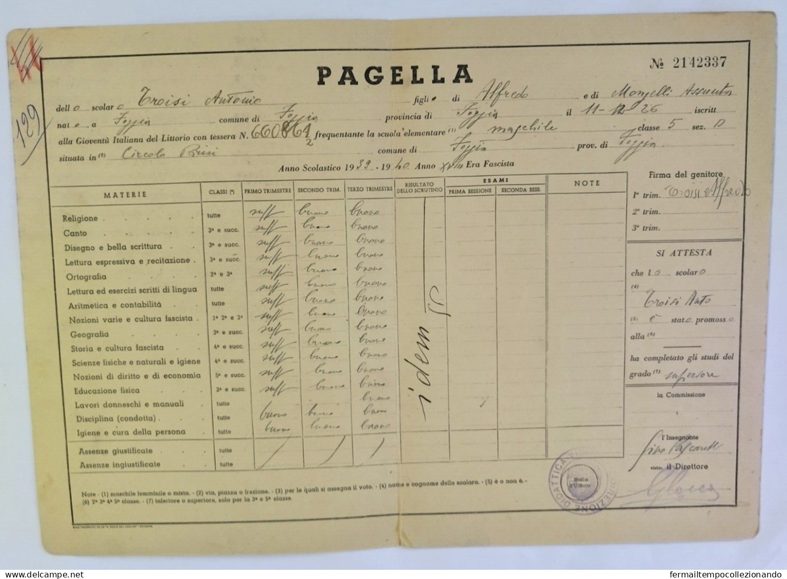 Bp128 Pagella Fascista Regno D'italia P.n.f. Gioventu' Del Littorio Foggia 1940 - Diplômes & Bulletins Scolaires