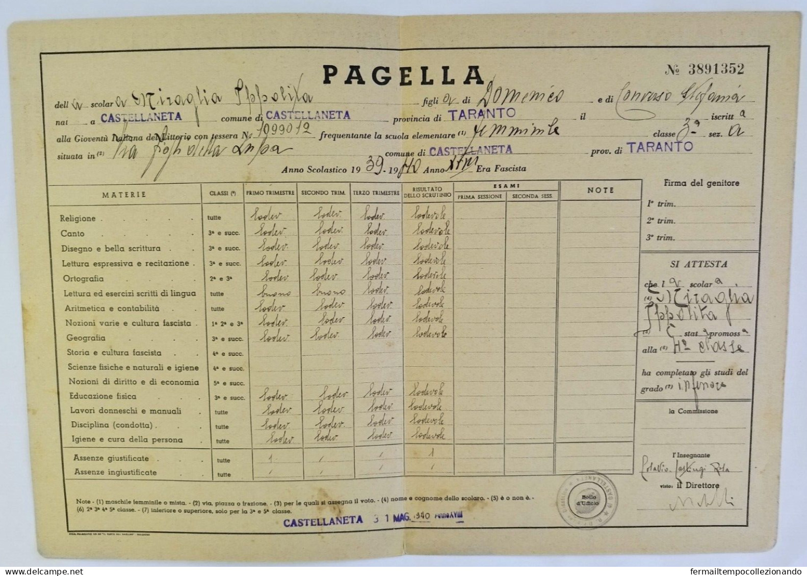 Bp129 Pagella Fascista Regno D'italia P.n.f. Giov. Littorio Castellaneta Taranto - Diploma & School Reports